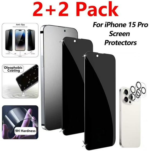 (2+2 packs) iPhone 15 Pro 6.1-inch privacy screen protector, anti spy tempered glass film, anti fingerprint, scratch resistant, easy to install