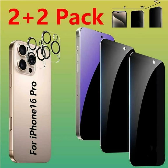 (2+2 packs) iPhone 16 Pro 6.3-inch privacy screen protector, anti spy tempered glass film, anti fingerprint, scratch resistant, easy to install