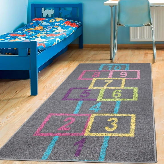2'2" x 6' Hopscotch Kids Rug - Play Mat for Playroom, Bedroom, Daycare & Classroom - Fun & Interactive Game Carpet - Durable and Non-Slip - Perfect for Learning & High-Traffic Areas, Pink