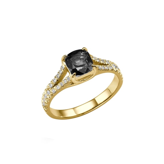 2.20 CTW 14K Yellow Gold Black Diamond Ring with Diamonds Split Shank Cushion Vintage