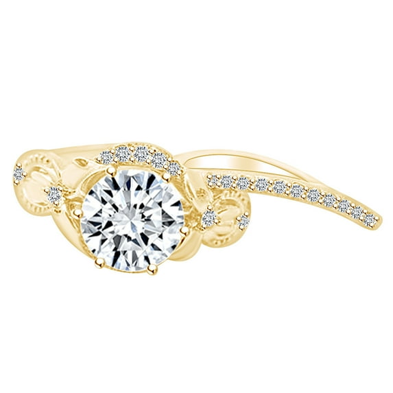 AFFY 2.20 Carat Round Shape Moissanite & Natural Diamond Floral Engagement Ring 14K Solid Yellow Gold Ring Size-8.5