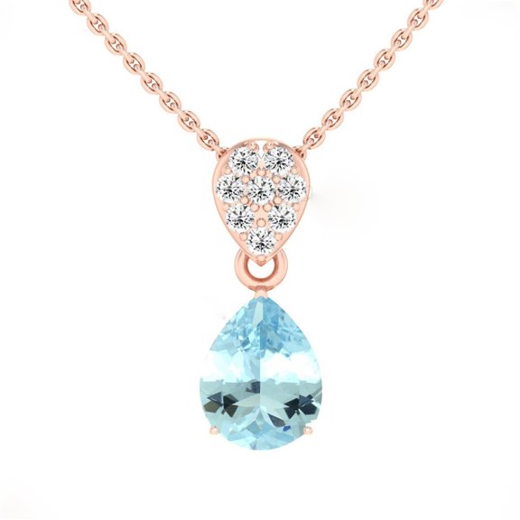 2.20 Ct Pear Shaped Aquamarine Gemstone and Real Diamond Unique Beautiful Necklace for Ladies Solid 18K Rose Gold With 18 inches Chain