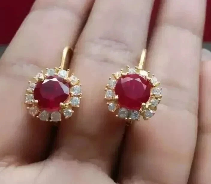 2.20 TCW Round Lab-Created Halo Ruby Women's Hoop Earrings 14K Yellow ...