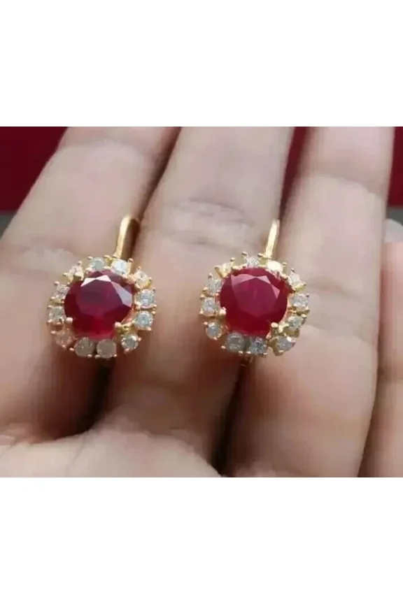 2.20 TCW Round Lab-Created Halo Ruby Women's Hoop Earrings 14K Yellow Gold Over