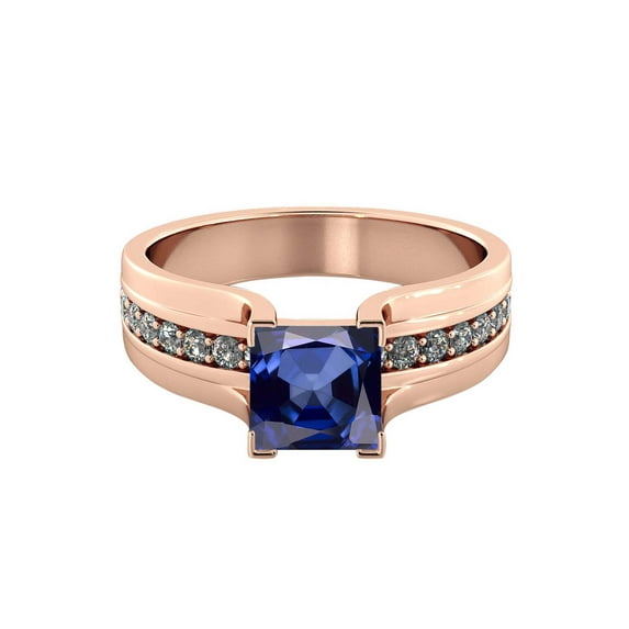 2.20 ctw Lab Created Blue Sapphire Ring with Diamonds 14K Rose Gold Bridge Channel set Princess