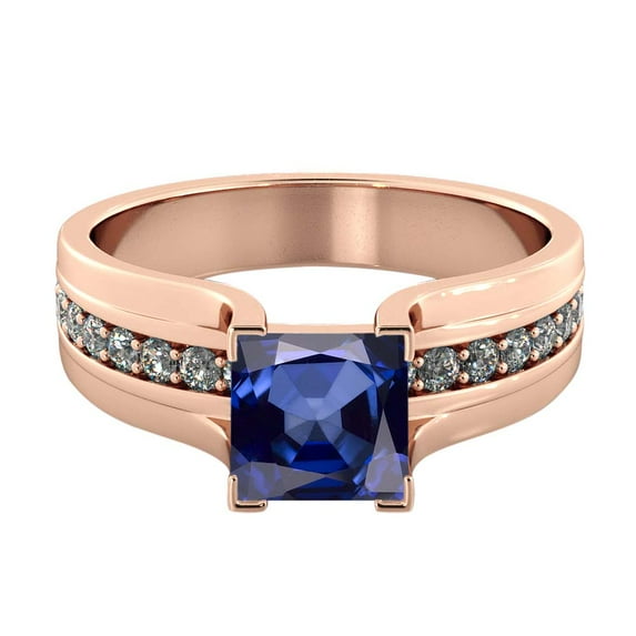 2.20 ctw Lab Created Blue Sapphire Ring with Diamonds 14K Rose Gold Bridge Channel set Princess