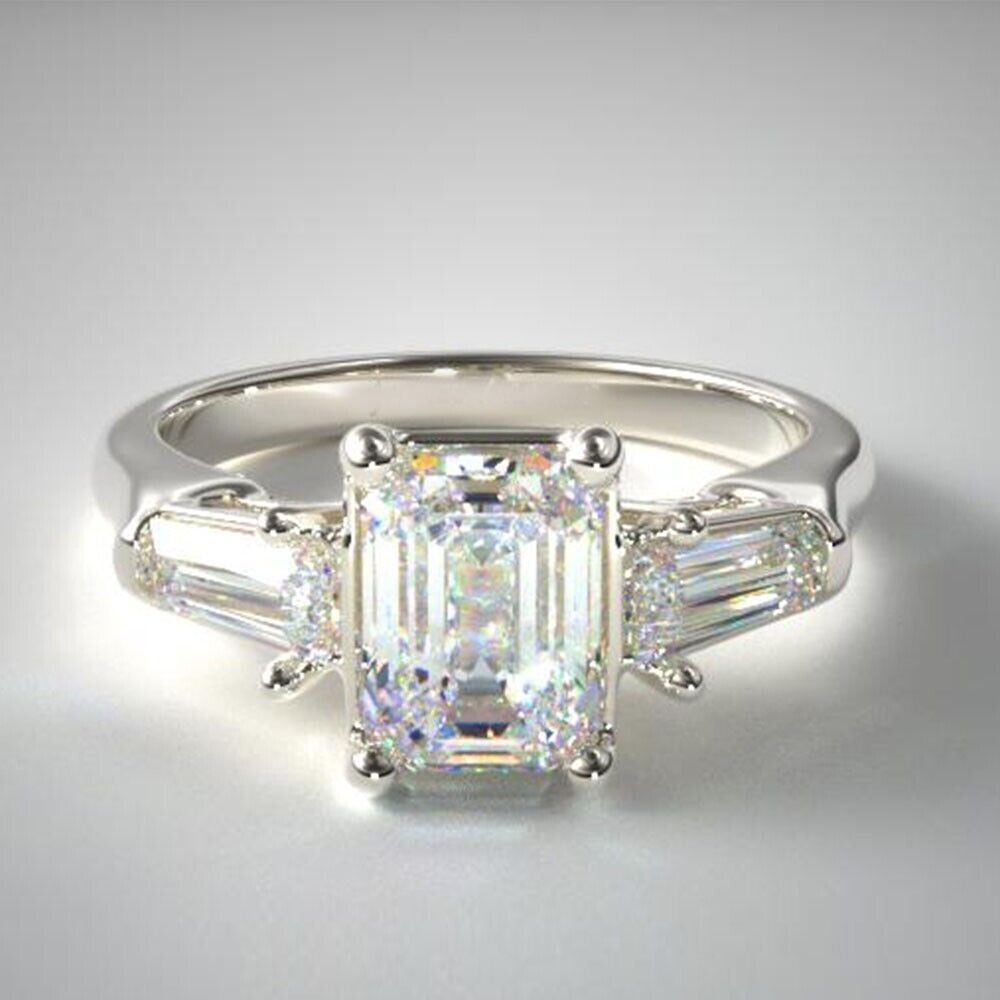 PASO JEWELS 2.20Ct Emerald Cut VVS1/D Diamond Three Stone Women's Wedding Ring Solid 14k White Gold