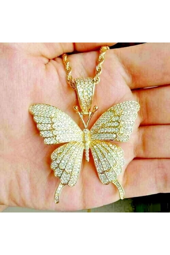2.20Ct Lab Created Diamond Butterfly Pendant 14K Yellow Gold Plated Free Chain