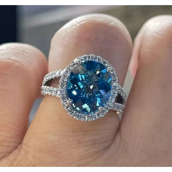 2.20Ct Oval Cut Lab Created Blue Topaz Halo Engagement Ring 14K White Gold Plated
