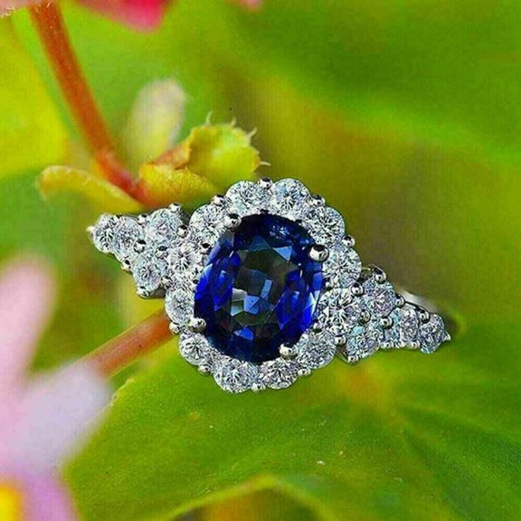 2.20Ct Oval Cut Simulated Blue Sapphire Women's Halo Wedding Ring 14k White Gold Plated