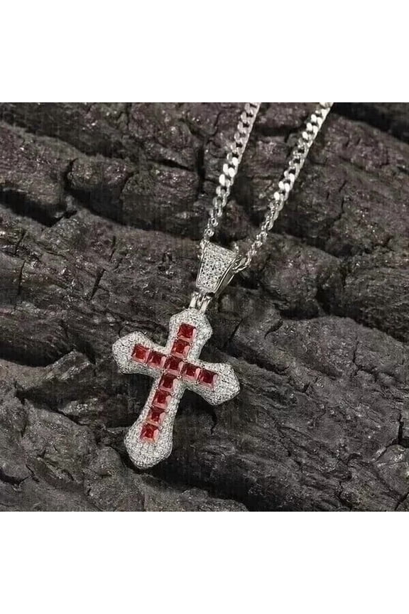 2.20Ct Princess Cut Simulated Red Garnet Women's Weddings Cross Pendant 14K White Gold Plated 18"inch