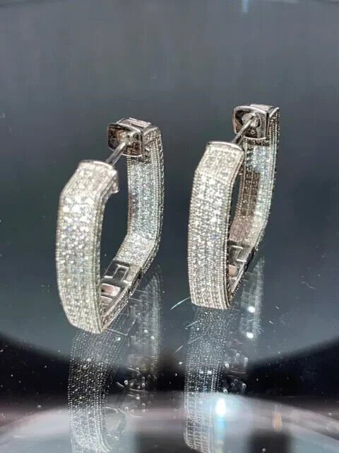 2.2 Ct Round Cut CZ Huggie Square Hoop Earrings 14K White Gold Plated