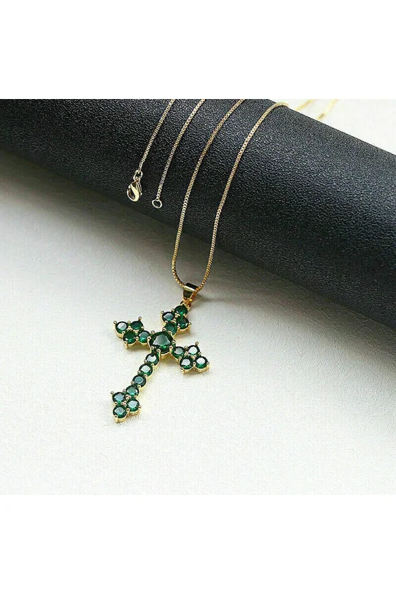 2.20Ct Round Cut Lab Created Green Emerald Cross Pendant 14K Yellow Gold Plated