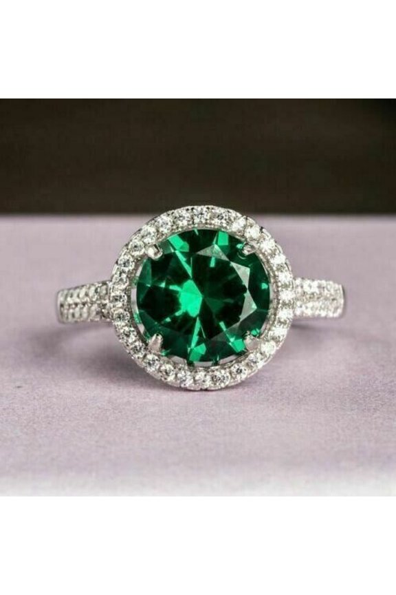 2.20Ct Round Cut Lab Created Green Emerald Engagement Ring 14k White Gold Plated