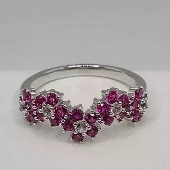 2.20Ct Round Cut Lab Created Red Ruby Flower Band Ring 14k White Gold Plated