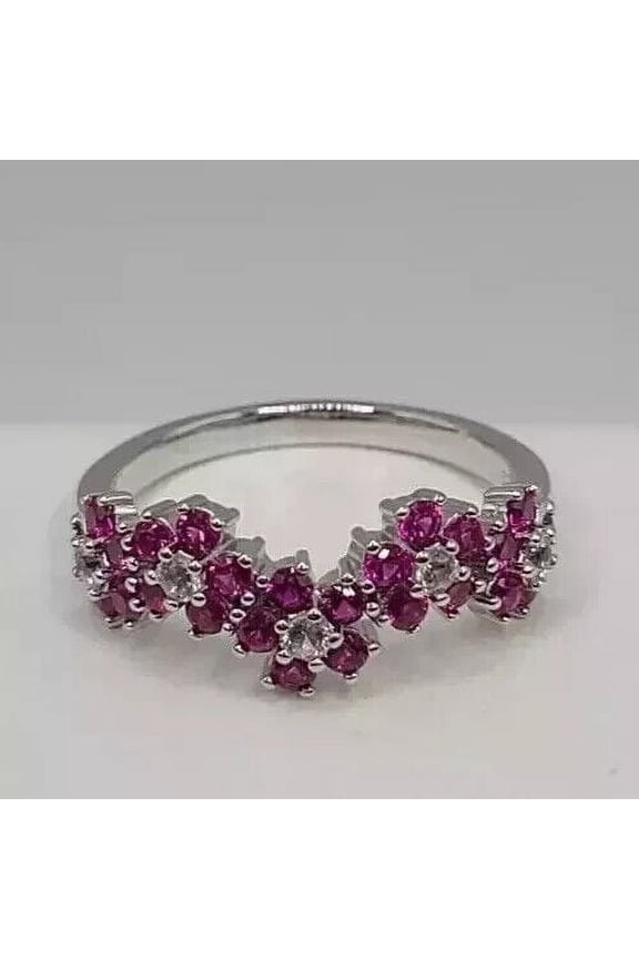 2.20Ct Round Cut Lab Created Red Ruby Flower Band Ring 14k White Gold Plated