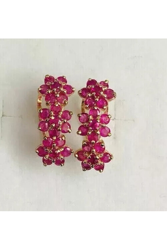 2.20Ct Round Cut Lab Created Red Ruby Women's Wedding Hoop Earrings 14K Yellow Gold Plated