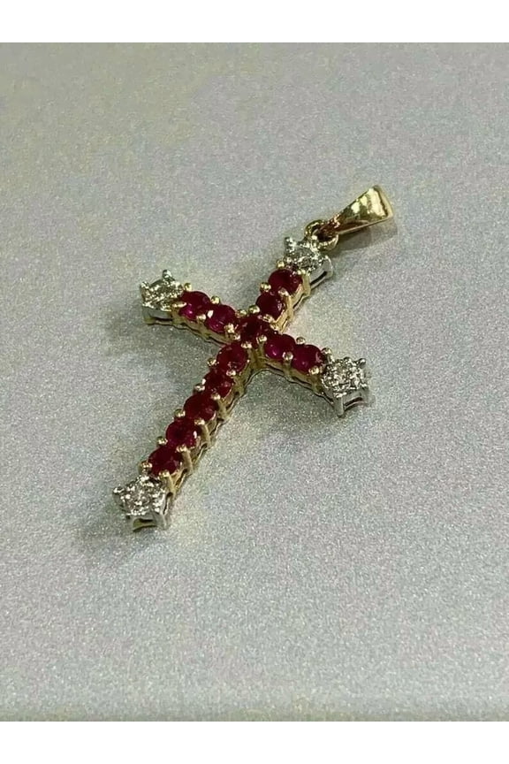 2.20Ct Round Cut Red Ruby & Diamond Cross Pendant Necklace in 14K Yellow Gold Finish