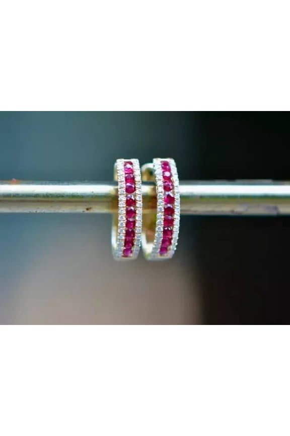 2.20Ct Round Cut Simulated Red Ruby Women's Weddings Gift Hoop Earrings 14K Yellow Gold Plated