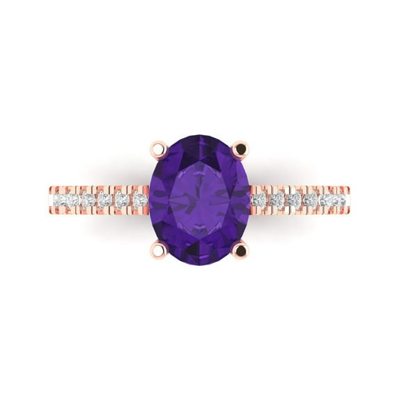 2.21 ct Oval Cut Natural Amethyst Solitaire with Simulated Diamond Accents 18K Rose Gold Womens Engagement Ring