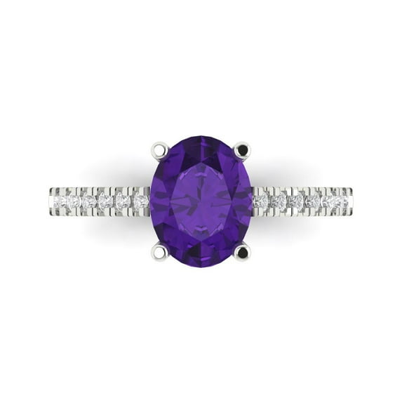 2.21 ct Oval Cut Natural Amethyst Solitaire with Simulated Diamond Accents 18K White Gold Womens Engagement Ring