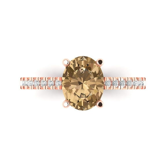 2.21 ct Oval Cut Simulated Champagne Diamond Solitaire with Accents Engagement Ring for Women in 18K Rose Gold