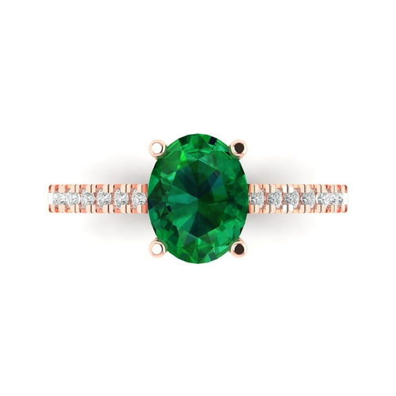 Clara Pucci 14K Rose Gold Solid Gold Emerald Solitaire with Accents Anniversary Ring for Women - 2.21 cttw Oval Cut