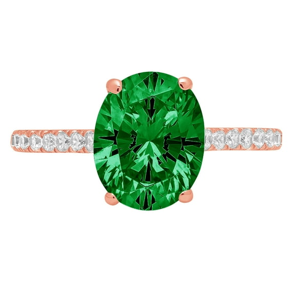 2.21 ct Oval Cut Simulated Emerald Solitaire with Simulated Diamond Accents 18K Rose Gold Womens Engagement Ring