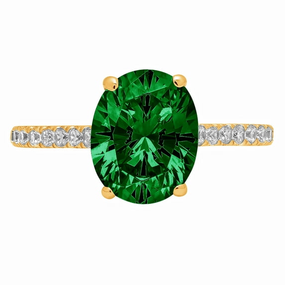2.21 ct Oval Cut Simulated Emerald Solitaire with Simulated Diamond Accents 18K Yellow Gold Womens Engagement Ring