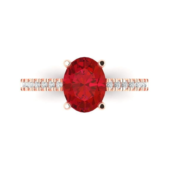 2.21 ct Oval Cut Simulated Ruby Solitaire with Simulated Diamond Accents 14K Rose Gold Womens Engagement Ring