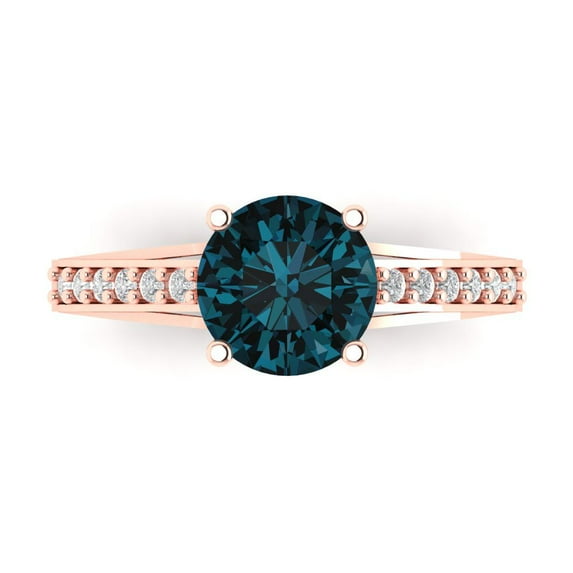 2.21ct Round Cut Blue Natural London Blue Topaz 14k Pink Rose Gold Engraving Statement Bridal Wedding Designer Ring Size 7