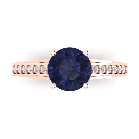 2.21ct Round Cut Blue Sapphire 14k Pink Rose Gold Engraving Statement Bridal Wedding Designer Ring Size 5.5