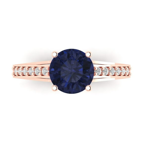 2.21ct Round Cut Blue Sapphire 14k Pink Rose Gold Engraving Statement Bridal Wedding Designer Ring Size 7.5
