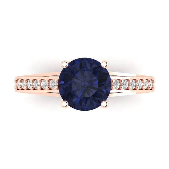 2.21ct Round Cut Blue Sapphire 14k Pink Rose Gold Engraving Statement Bridal Wedding Designer Ring Size 9.5