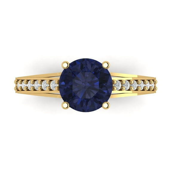 2.21ct Round Cut Blue Sapphire 14k Yellow Gold Engraving Statement Bridal Wedding Designer Ring Size 10
