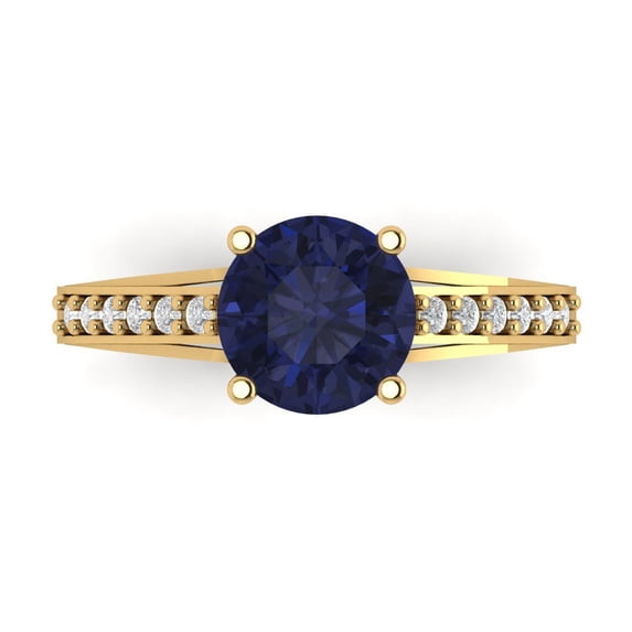 2.21ct Round Cut Blue Sapphire 14k Yellow Gold Engraving Statement Bridal Wedding Designer Ring Size 7