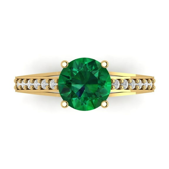 2.21ct Round Cut Green Emerald 14k Yellow Gold Engraving Statement Bridal Wedding Designer Ring Size 7.5