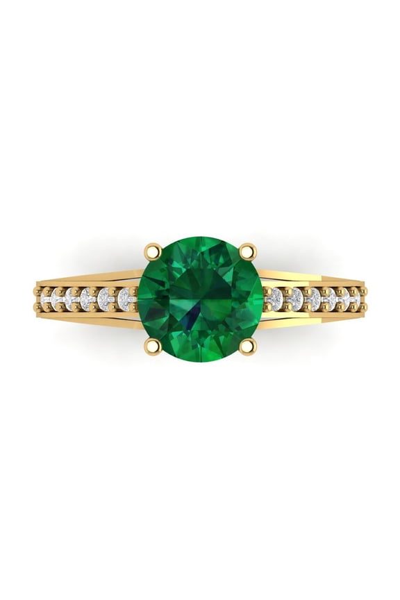 2.21ct Round Cut Green Emerald 14k Yellow Gold Engraving Statement Bridal Wedding Designer Ring Size 9