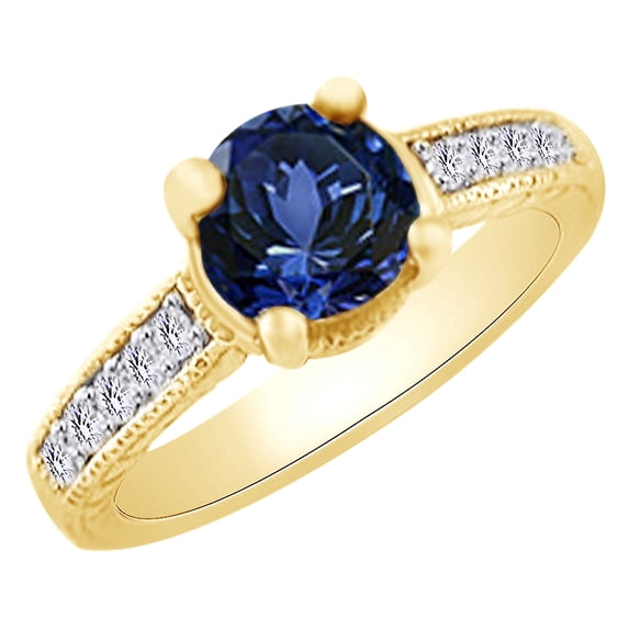 AFFY (2.21ct) Round Cut Simulated Blue Sapphire & White Diamond Engagement Ring In 14k Solid Gold With Ring Size 10.5