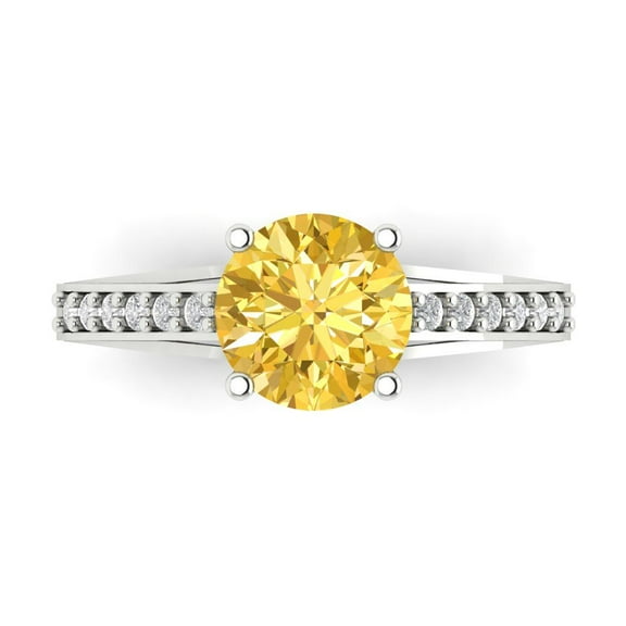 2.21ct Round Cut Yellow Crystal 14k White Gold Engraving Statement Bridal Wedding Designer Ring Size 7.5
