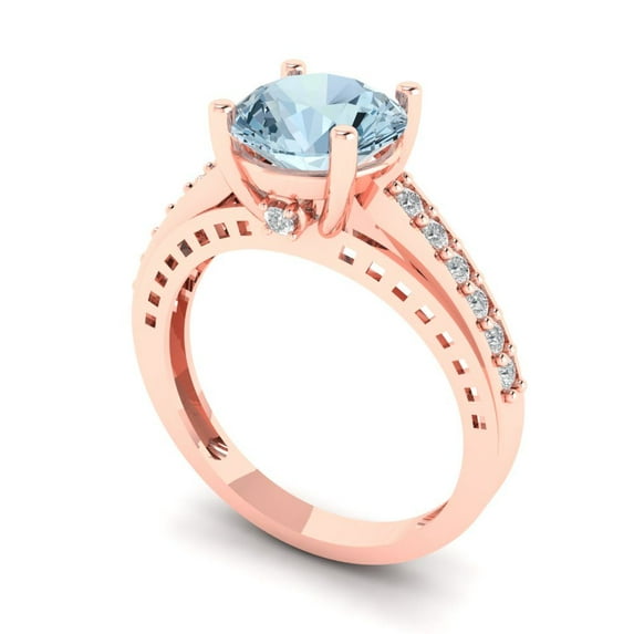 2.21ct round cut blue natural aquamarine 18k rose gold Bridal Wedding Engagement Promise Anniversary Ring for Women size 6.75