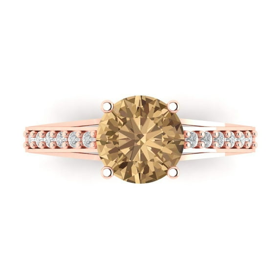 Clara Pucci 14K Rose Gold Solid Gold Champagne Solitaire with Accents Anniversary Ring for Women - 2.21 cttw Round Cut