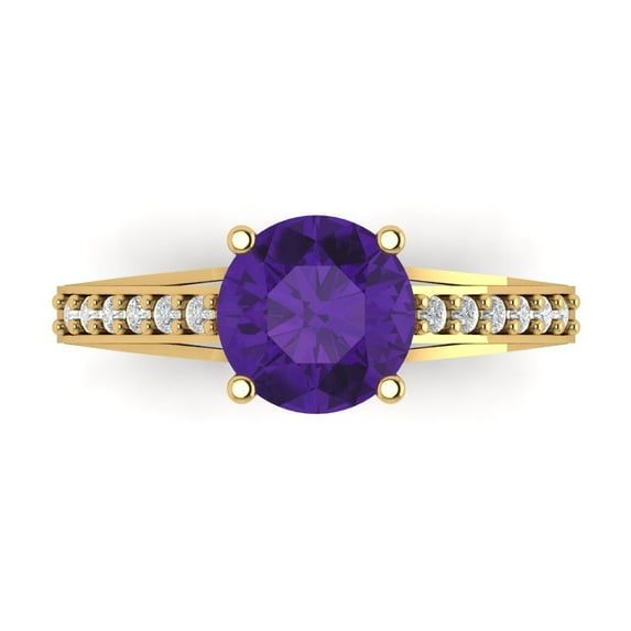 Clara Pucci 14K Yellow Gold Solid Gold Amethyst Solitaire with Accents Anniversary Ring for Women - 2.21 cttw Round Cut