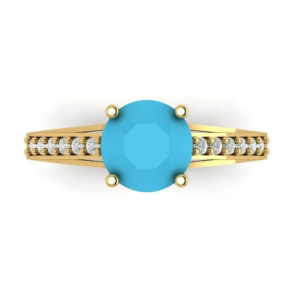 Clara Pucci 14K Yellow Gold Solid Gold Turquoise Solitaire with Accents Anniversary Ring for Women - 2.21 cttw Round Cut