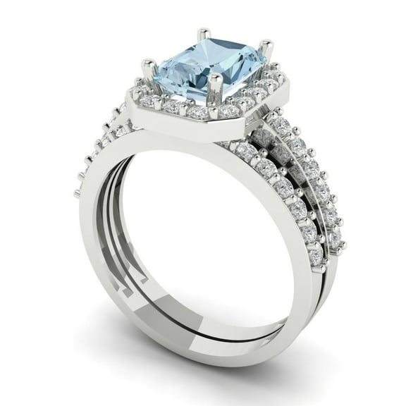 2.22 ct Brilliant Emerald Cut Blue Zircon 18k White Gold Halo Solitaire with Accents Engagement Bridal Wedding Ring Band Set