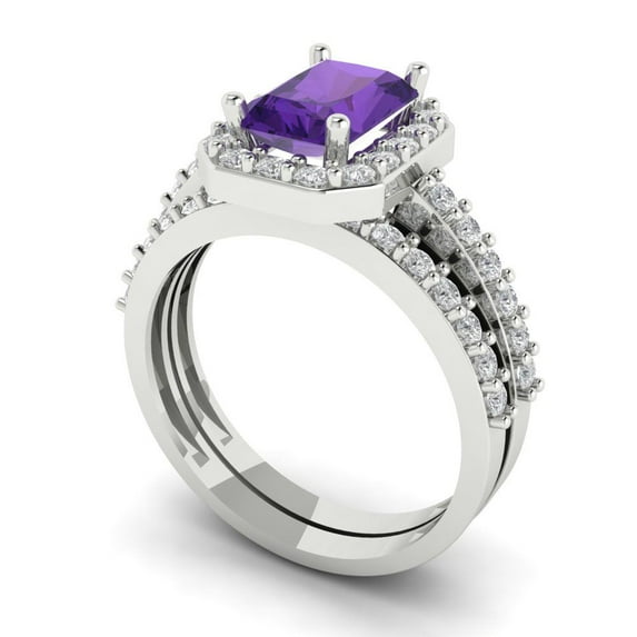 2.22 ct Brilliant Emerald Cut Natural Amethyst 18K White Gold Halo Solitaire with Accents Engagement Bridal Wedding Ring Band Set size 5.5