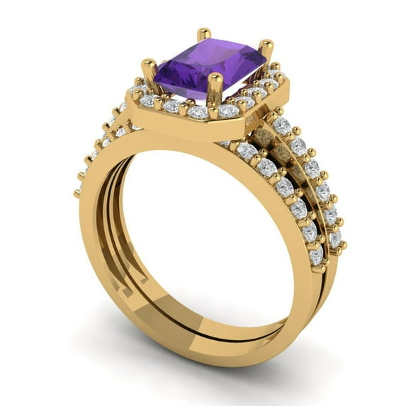 2.22 ct Brilliant Emerald Cut Natural Amethyst 18K Yellow Gold Halo Solitaire with Accents Engagement Bridal Wedding Ring Band Set size 9
