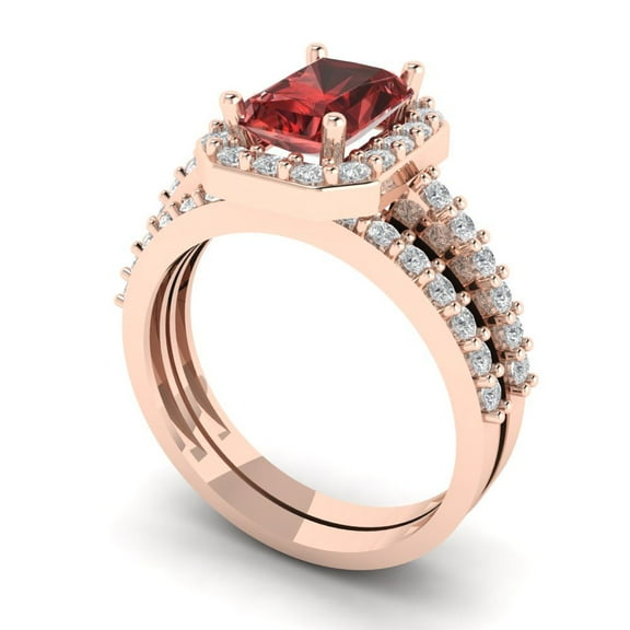 2.22 ct Brilliant Emerald Cut Natural Garnet 18K Rose Gold Halo Solitaire with Accents Engagement Bridal Wedding Ring Band Set size 8
