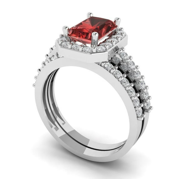 2.22 ct Brilliant Emerald Cut Natural Garnet 18K White Gold Halo Solitaire with Accents Engagement Bridal Wedding Ring Band Set size 5