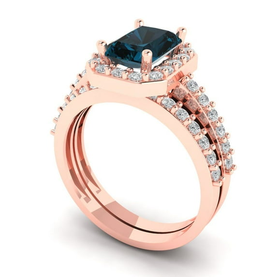 2.22 ct Brilliant Emerald Cut Natural London Blue Topaz 18K Rose Gold Halo Solitaire with Accents Engagement Bridal Wedding Ring Band Set size 8
